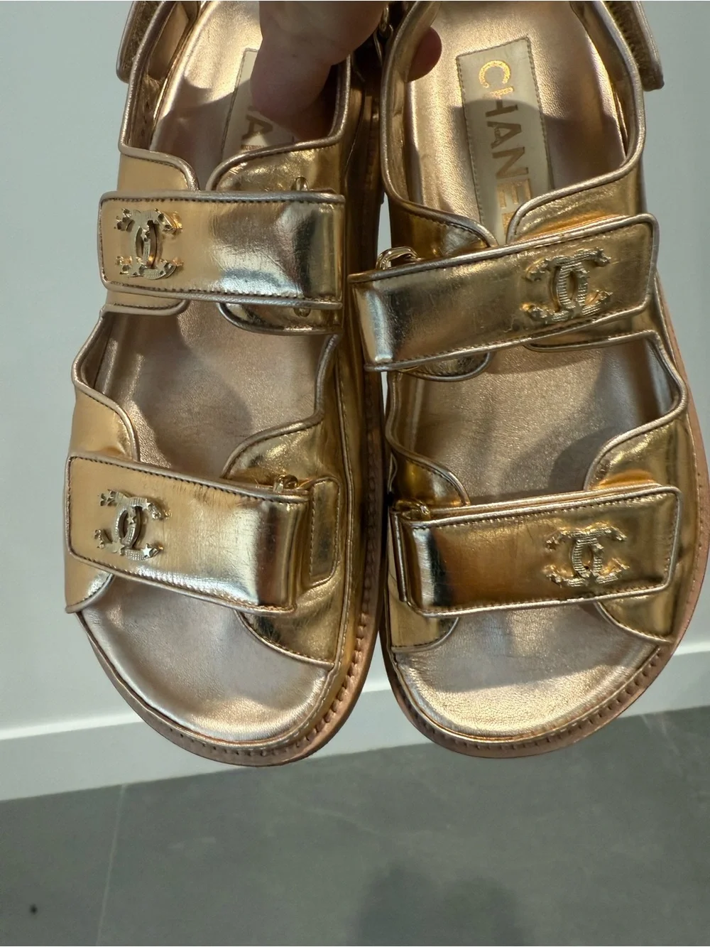 CHANEL Metallic Gold Velcro Logo Sandals